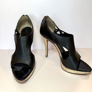 Christian Dior Lolita Black Leather Cutout Open Toe Sandal W Silver Heel Sz 38.5